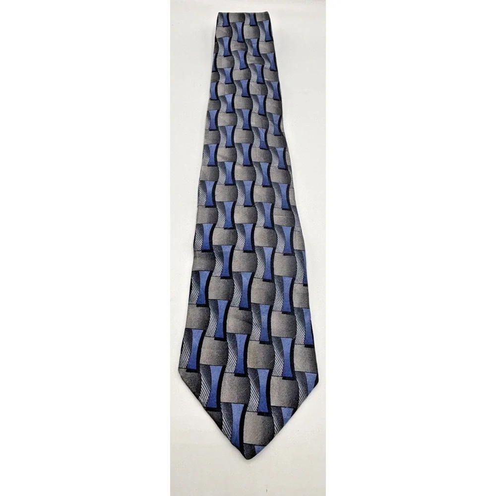 Joseph & Feiss International Men's Silk Neck Tie, Blue/Black Geometric Pattern
